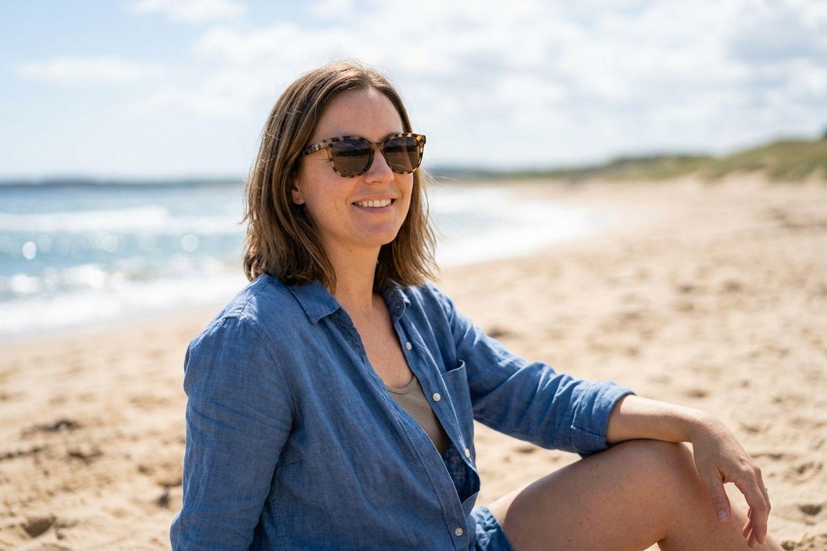 Person in sunglasses and blue shirt sitting on a sandy beach, smiling, with ocean waves behind.