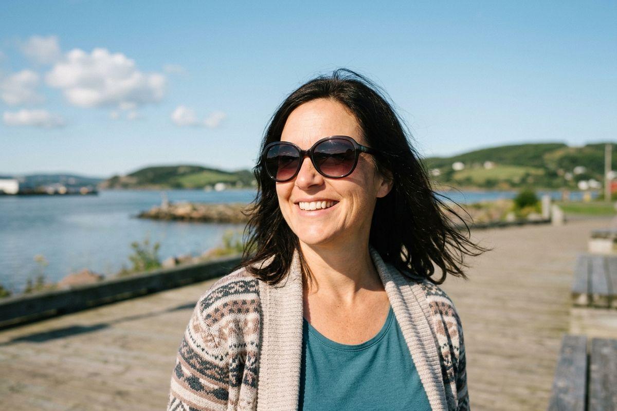 Smiling adult in sunglasses and patterned cardigan stands on a waterfront boardwalk by a lake with green hills.