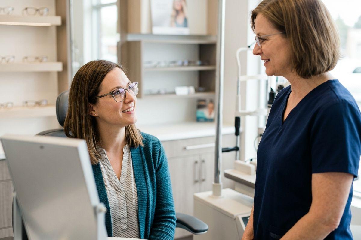 Optometrist talking with a smiling seated patient in an eye exam room with eyeglass displays.