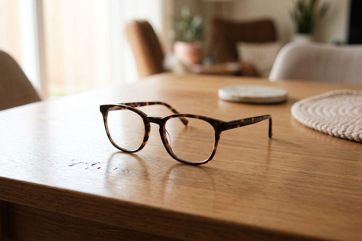 Tortoiseshell eyeglasses on a wooden table in a softly lit room with chairs and plants blurred behind.