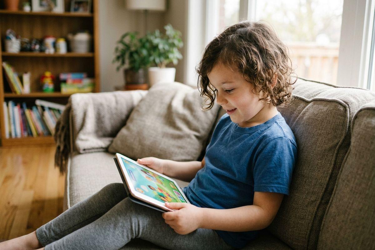 Child smiling while looking at a tablet, sitting on a sofa near a window.