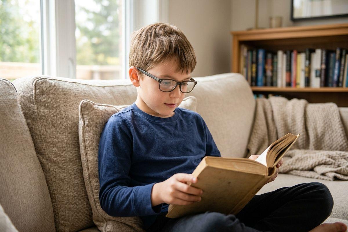 Child with glasses reading a book on a sofa, near a window and bookshelf.