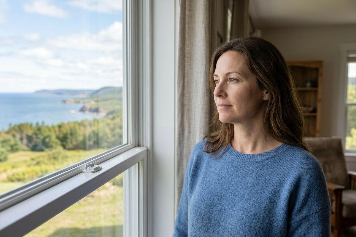 Adult in a blue sweater gazes calmly out a window at home, overlooking green forest, a rocky coastline, and blue ocean under a cloudy sky.