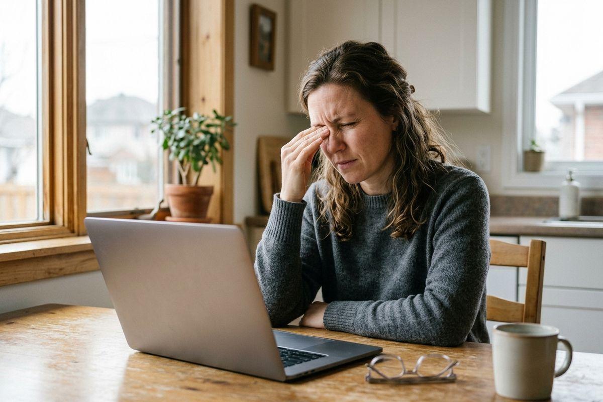 Adult wincing and rubbing one eye while seated at a laptop on a wooden kitchen table, with eyeglasses and a mug beside it.
